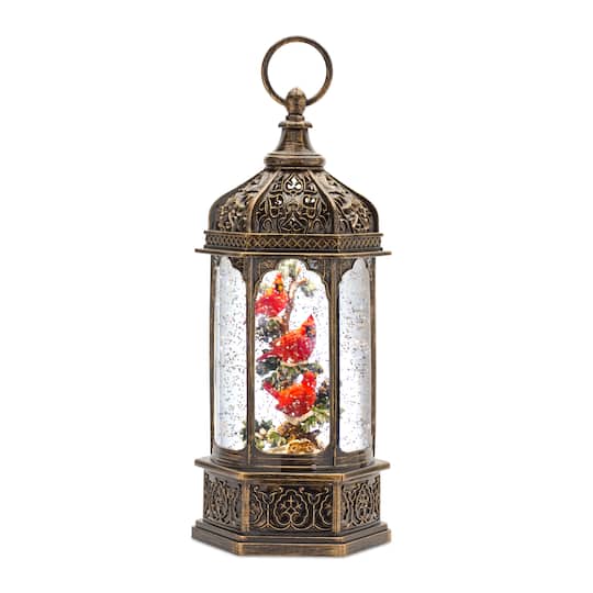 Melrose International LED Snow Globe Lantern with Cardinal Bird Branch 13"H